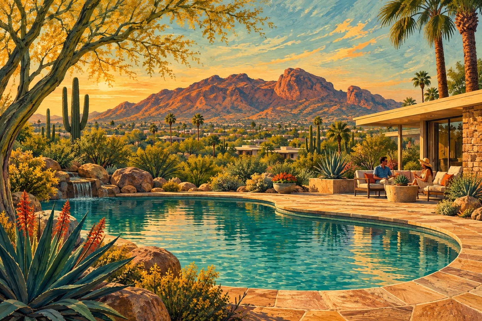 Illustration of a Paradise Valley backyard pool with a Camelback-inspired mountain backdrop