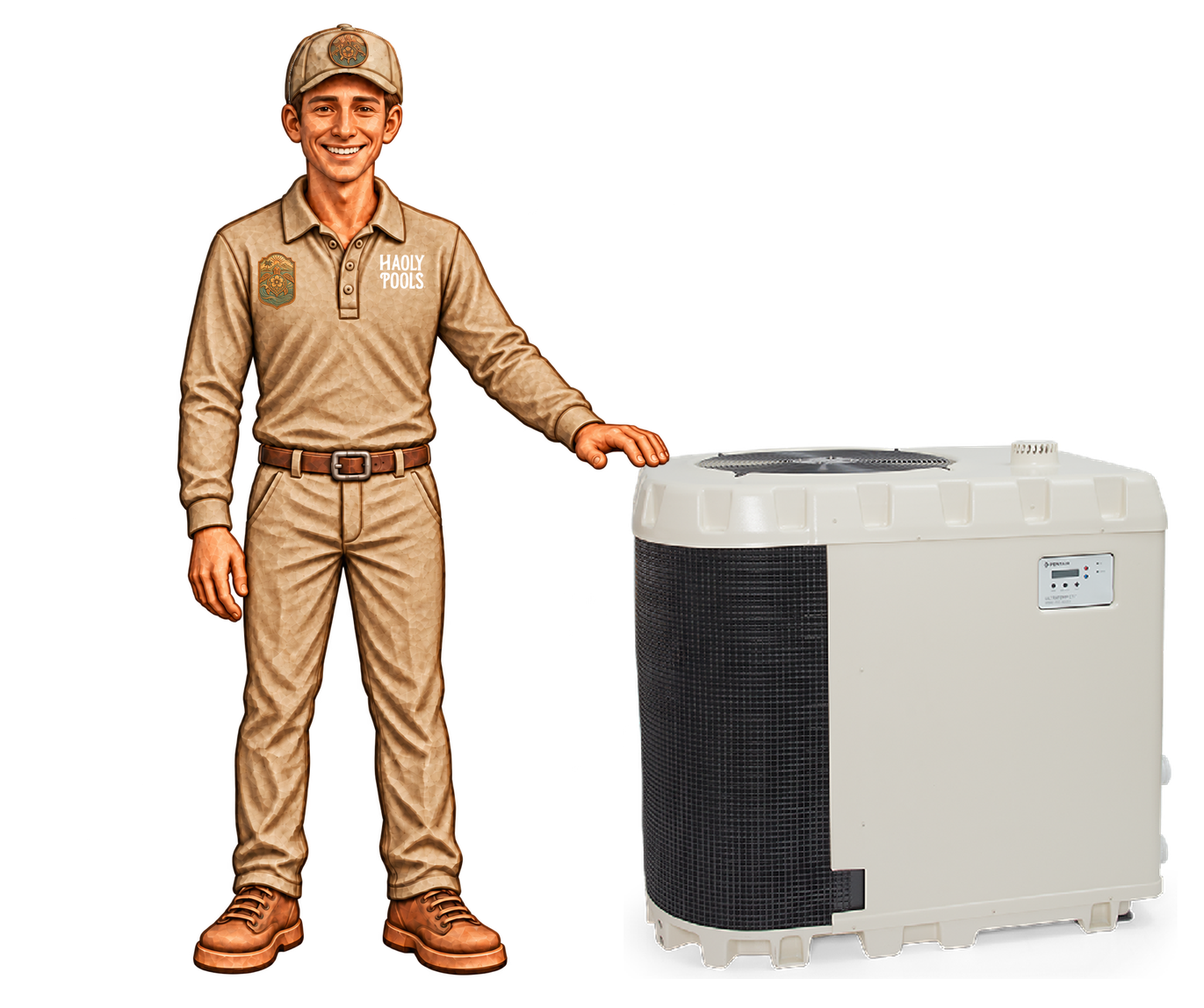 Illustrated Garrett standing beside a Pentair UltraTemp ETi hybrid heater.