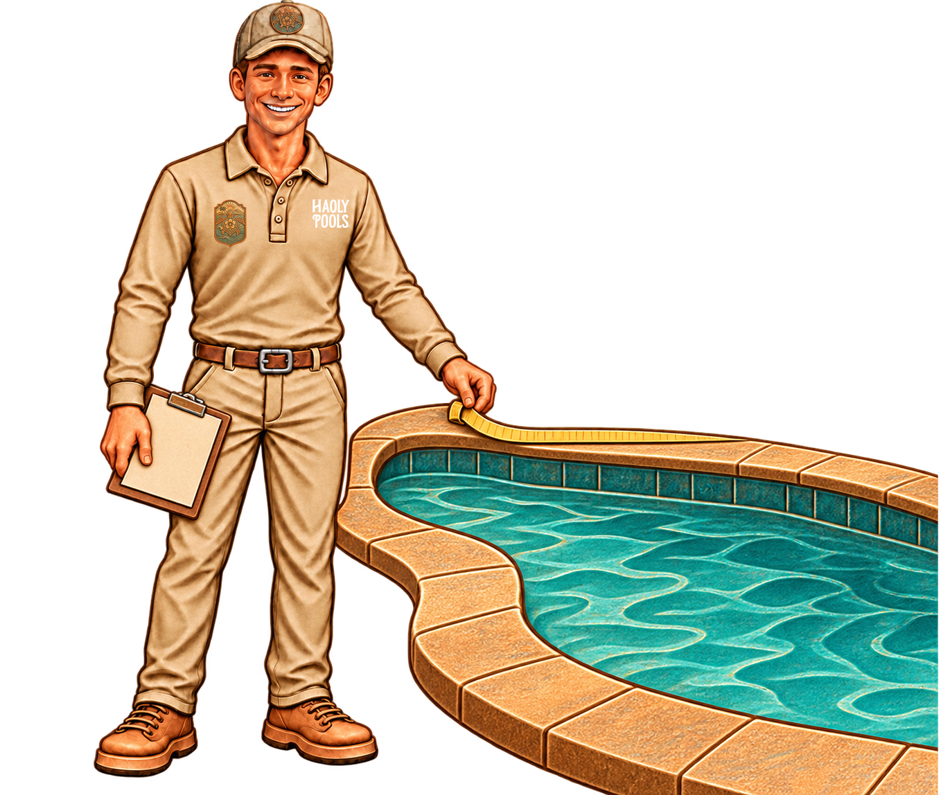 Illustrated Garrett holding a measuring tape beside a pool.