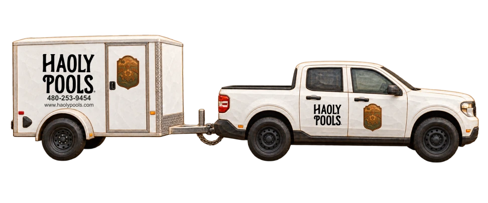 Haoly Pools truck and trailer illustrated in carved wood