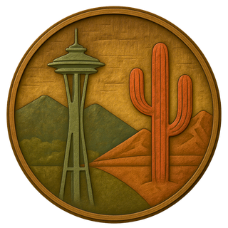 Carved Space Needle and Arizona desert medallion