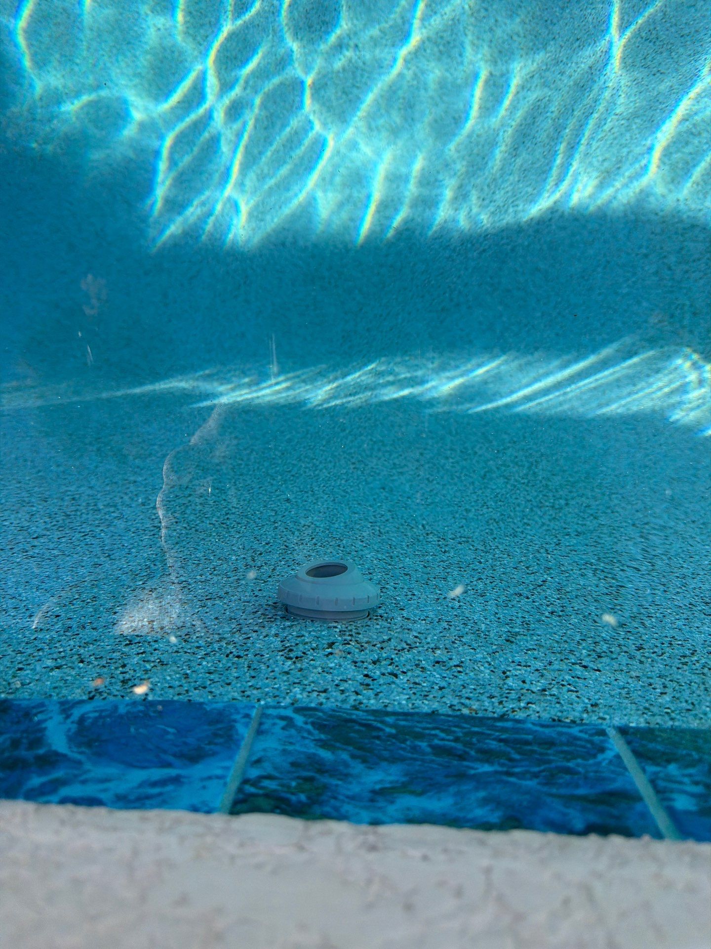 The new interior and blue waterline tile beneath clear water.